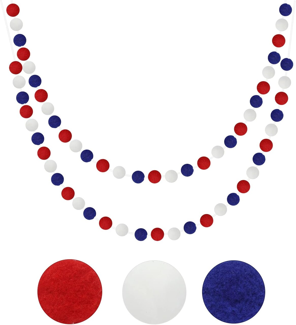 2-Pack Red, White, & Blue Pom Pom Garland (16.4 Ft Total) - Patriotic Felt Ball Bunting with 60 Soft Poms - Independence Day Decor for 4th of July, Veterans Day, Graduation, and Baby Showers